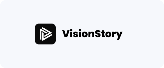 Black VisionStory full logo with a dark icon backdrop on a light background