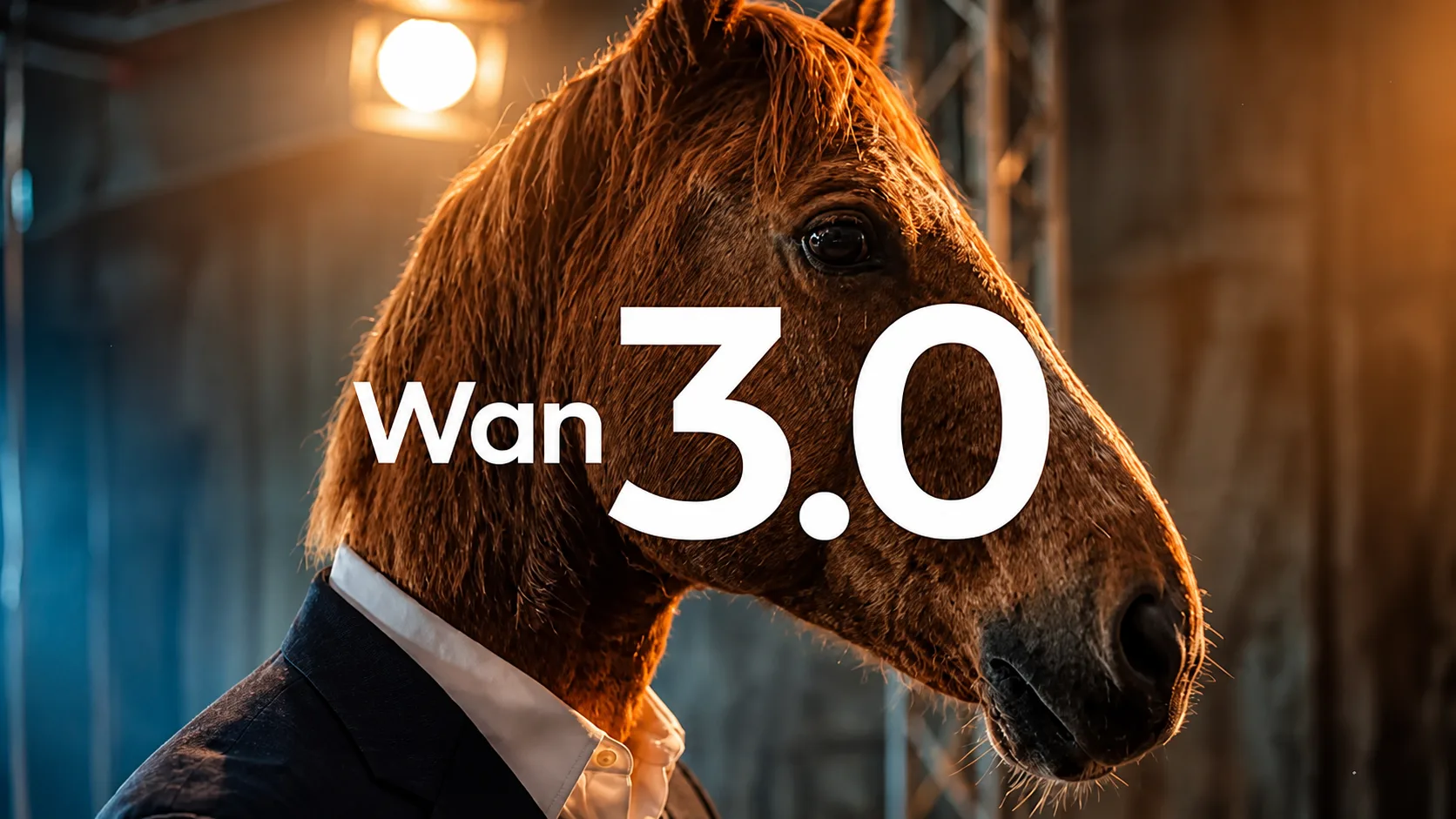 Ukázka filmového AI videa Wan 3.0 s koňskou postavou v obleku