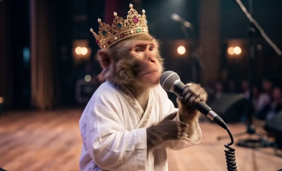 A character singing into a microphone