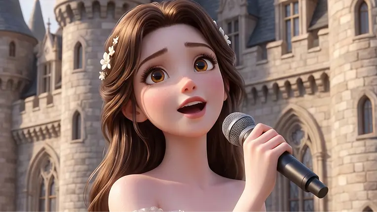 An animated princess singing into a microphone outside a castle