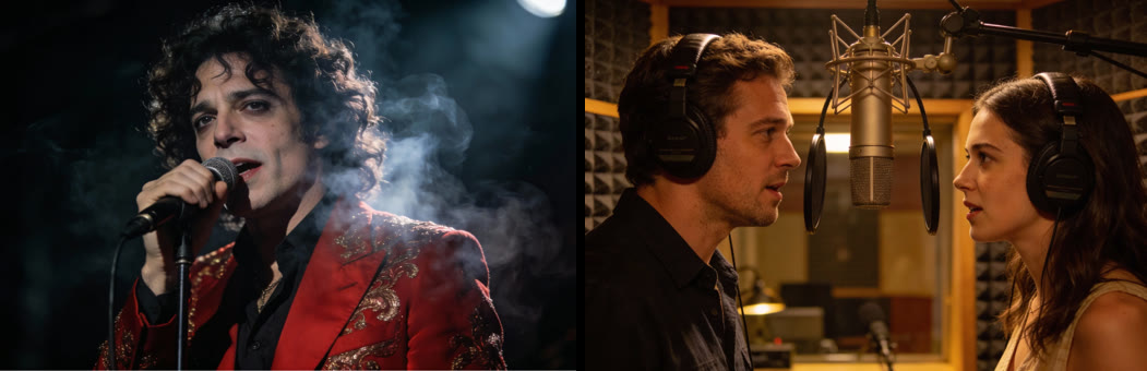 The two reference photos: a solo singer for the photo-plus-audio clip and a two-person studio scene for the multi-speaker clip
