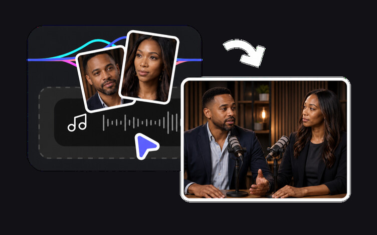 Podcast to video workflow turning audio episodes into a two-host video show