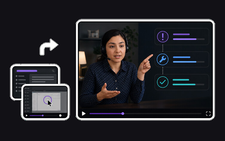 AI video for customer support workflow turning a help centre article and a product recording into a narrated video answer