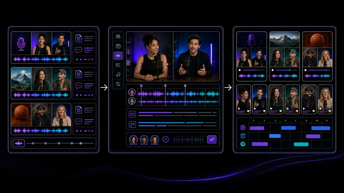 Interview video production workflow turning one recorded conversation into episodes, segments and language editions