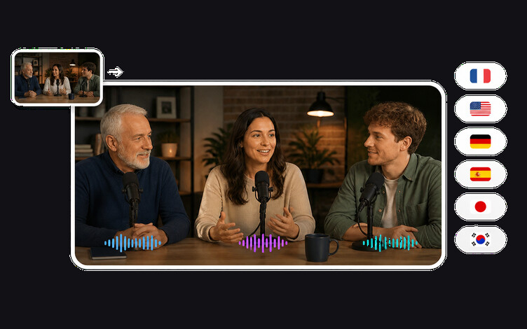 Multi-speaker video dubbing workflow turning one locked episode into multilingual versions with a separate voice per speaker