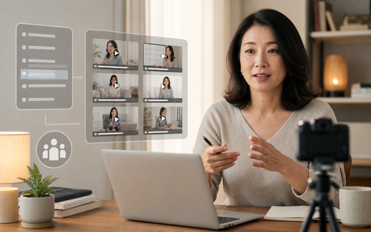 An independent expert recording a paid online course and private community video program