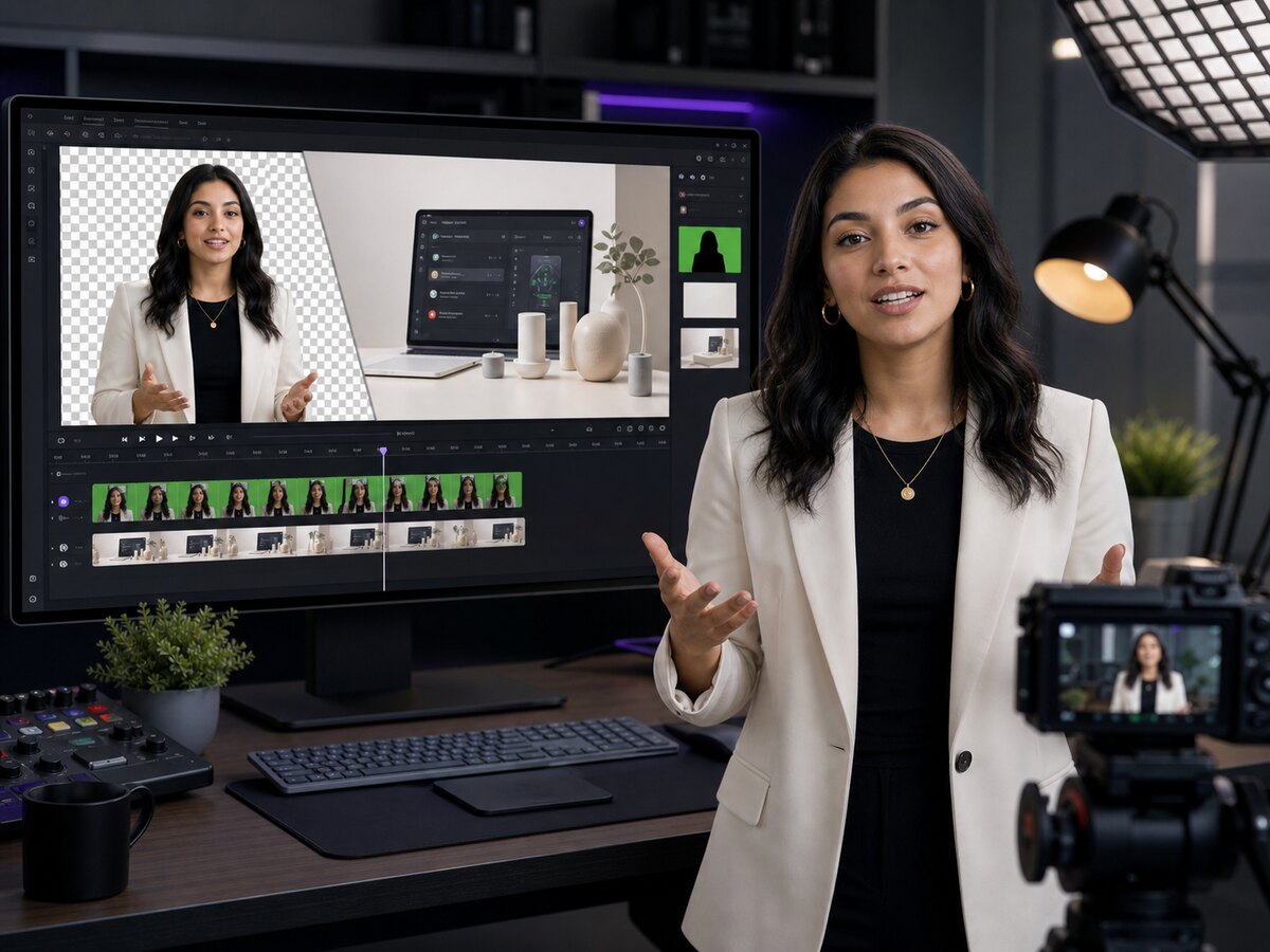 Avatar presenter placed into a branded scene