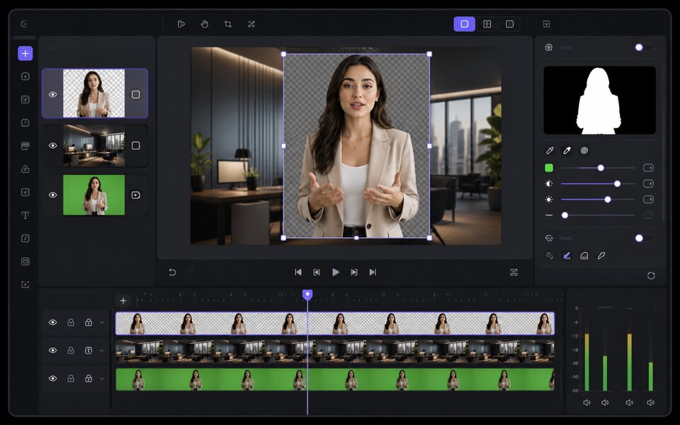 Separate green screen presenter layer for editing