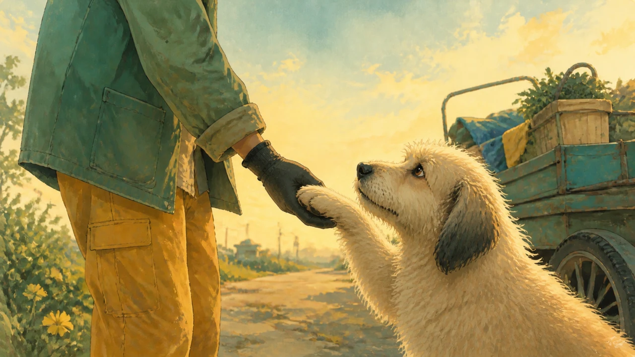 Illustrated closing frame where the same dog reaches the traveler's hand