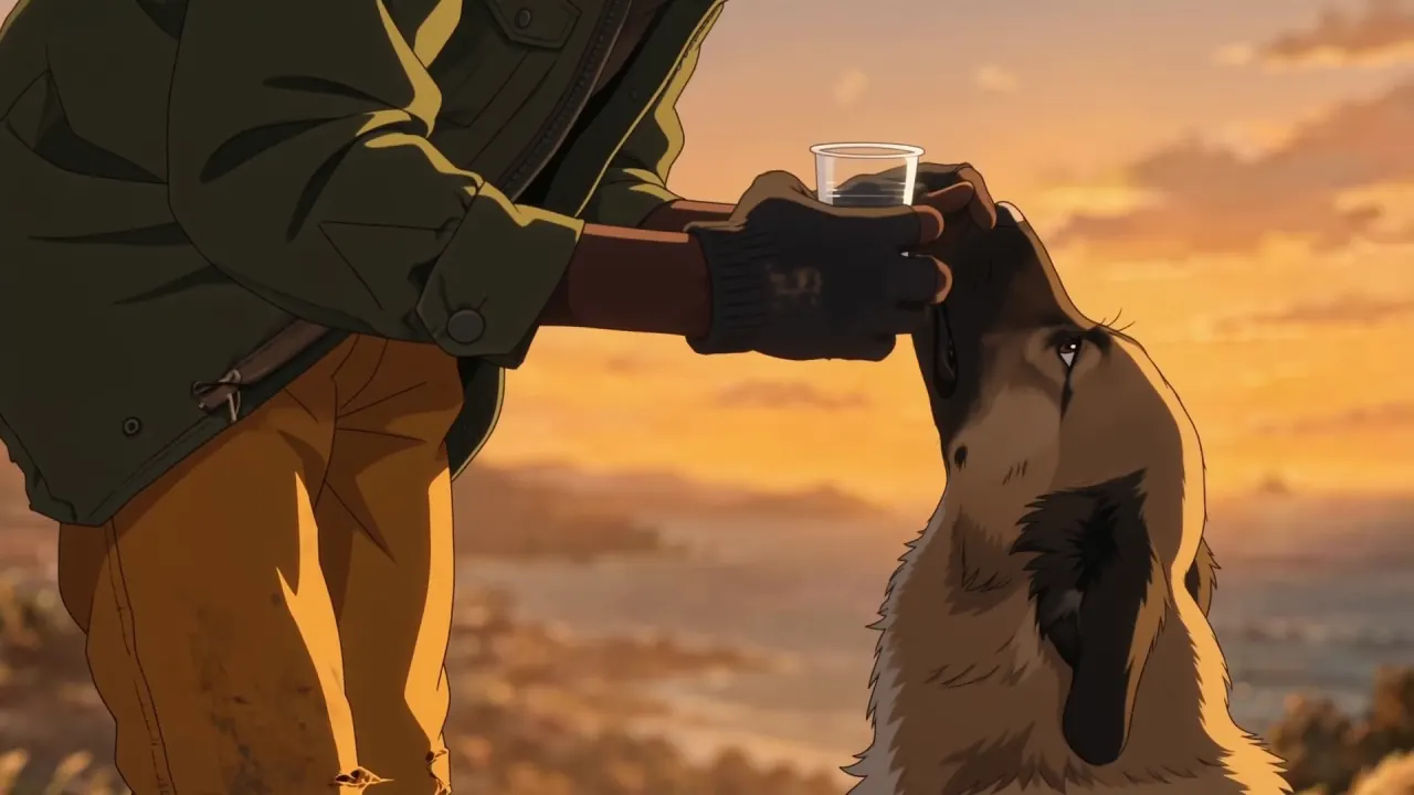 Warm anime-style end frame showing the same dog drinking from a cup held by the traveler
