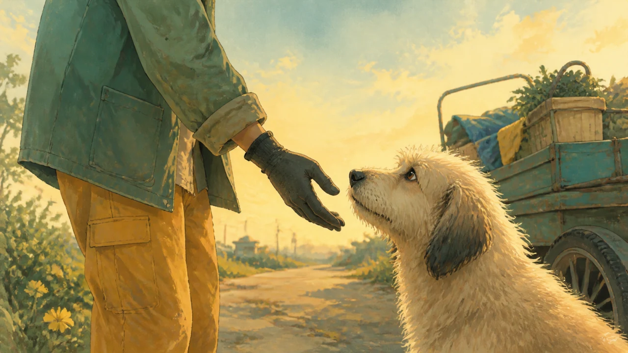 Illustrated opening frame with a traveler and dog in a market setting
