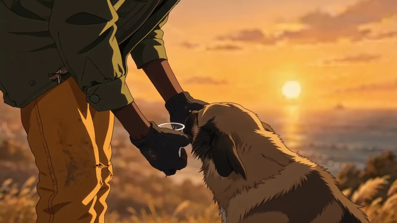 Warm anime-style start frame showing a traveler offering water to a dog at sunset