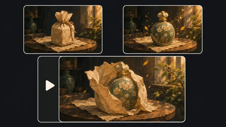 Hand-painted product reveal showing a wrapped perfume bottle becoming a finished hero shot