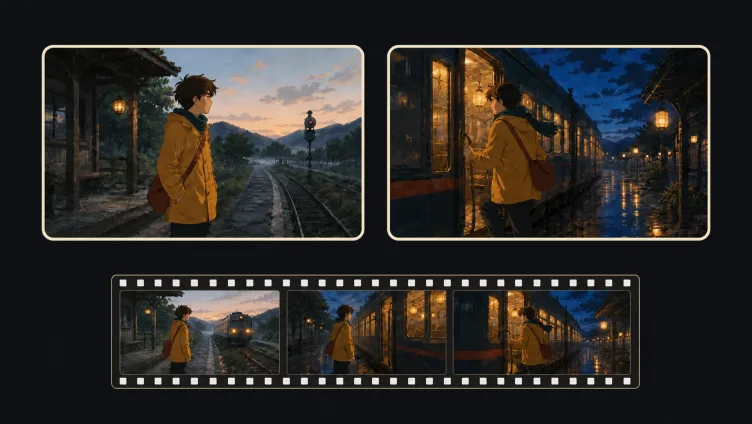 Hand-painted storyboard transition from a rural platform to boarding a lantern-lit train