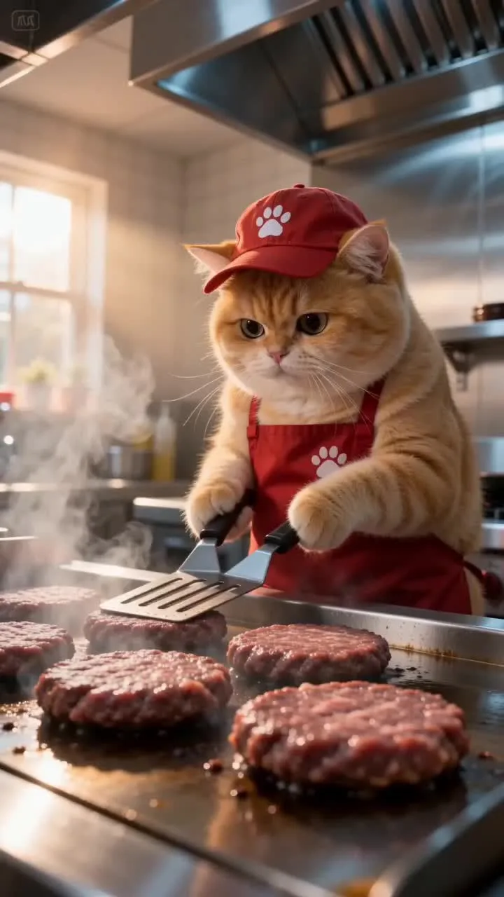 Orange cat in a red chef uniform grilling burgers