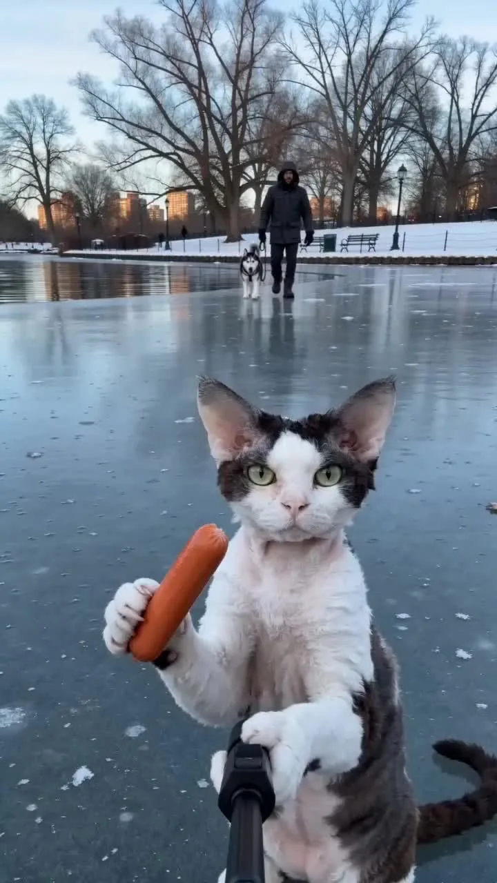 Cat filming a selfie beside a frozen city lake