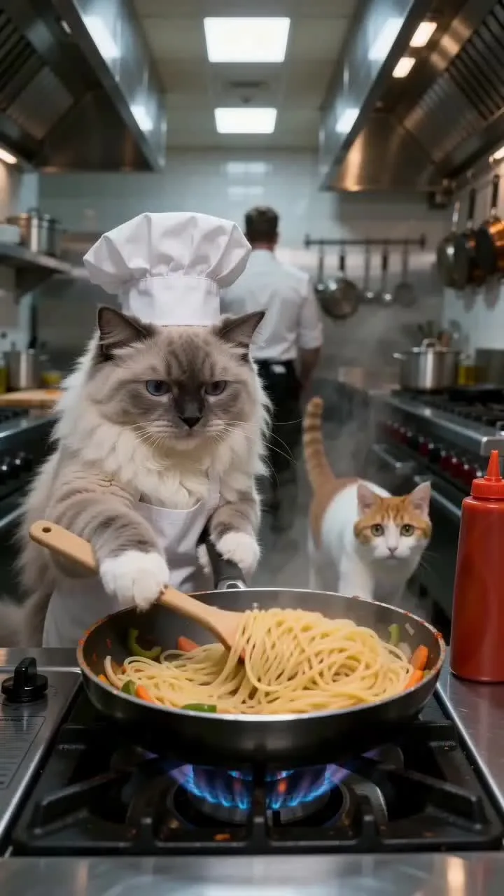 Fluffy cats cooking pasta in a restaurant kitchen