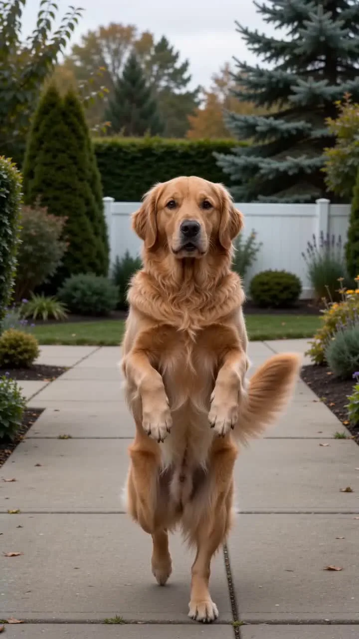 Golden retriever standing upright on a garden path