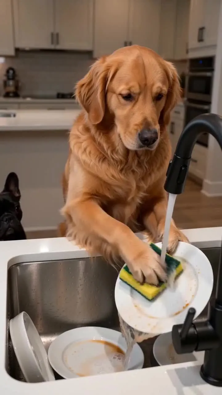 Golden retriever washing a plate at a kitchen sink