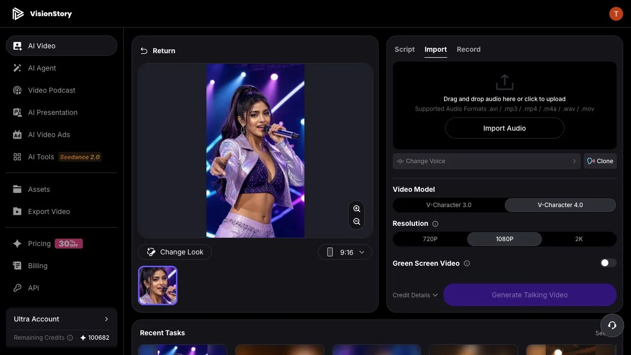 Choosing a digital presenter and opening the Import audio panel in the VisionStory AI Video workspace