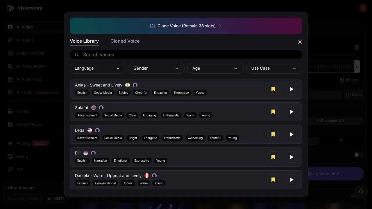 Filtering the VisionStory Voice Library by language, gender, age, and use case to pick a target AI voice