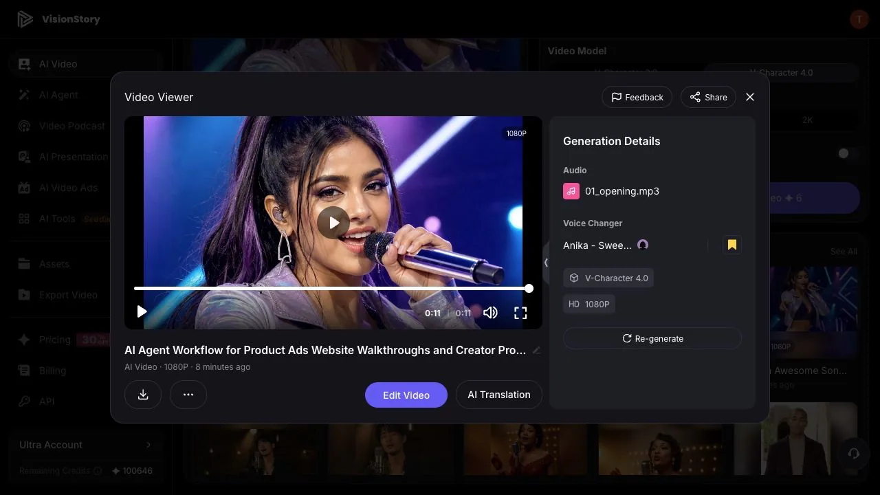 Playing back a finished AI voice-changed avatar spokesperson video in VisionStory