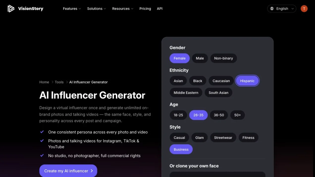 Choosing Female, Hispanic, 26-35, and Business style in the VisionStory AI Influencer Generator