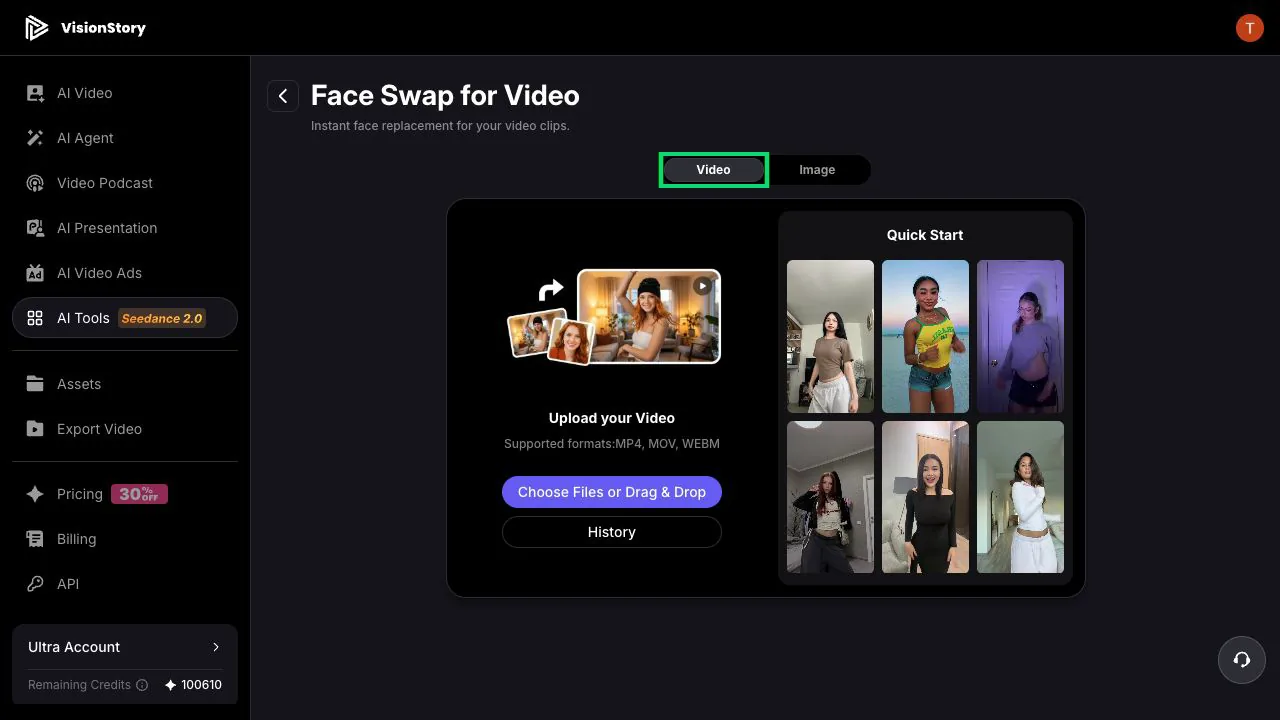 The Video tab highlighted in VisionStory Face Swap with the upload area and supported formats below