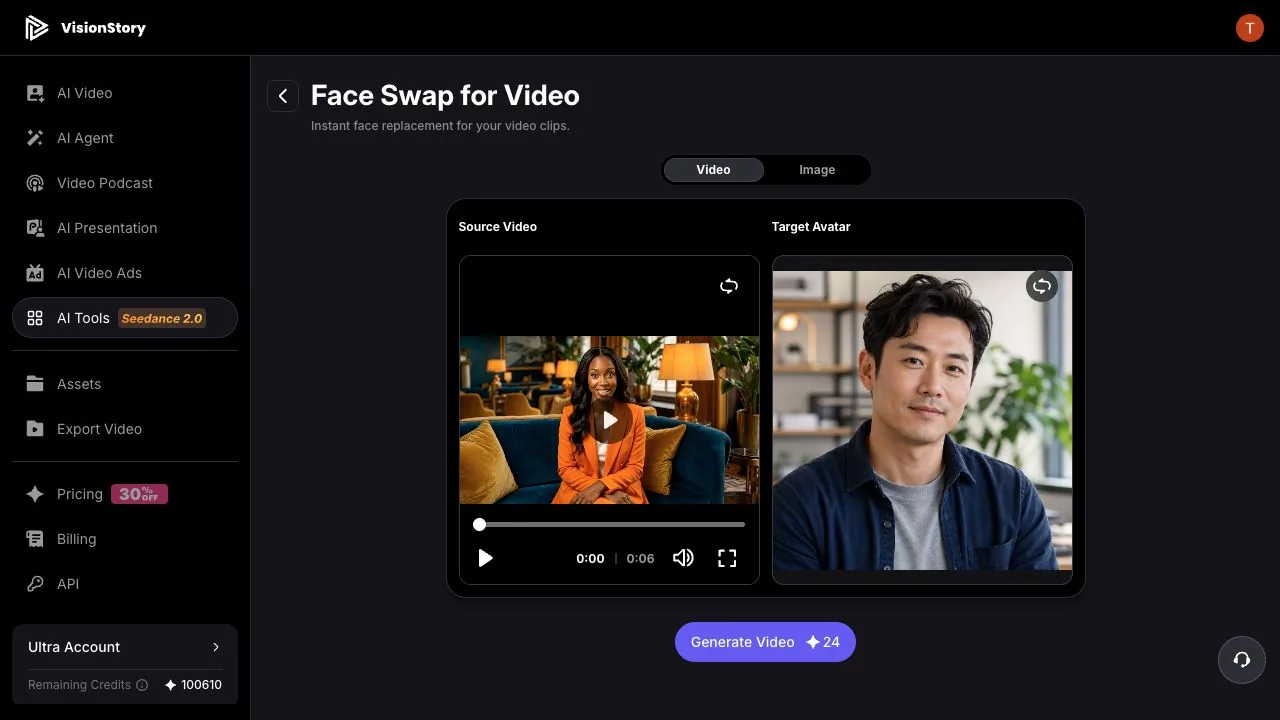 VisionStory video face swap with the source clip on the left, the target face on the right, and the Generate Video button