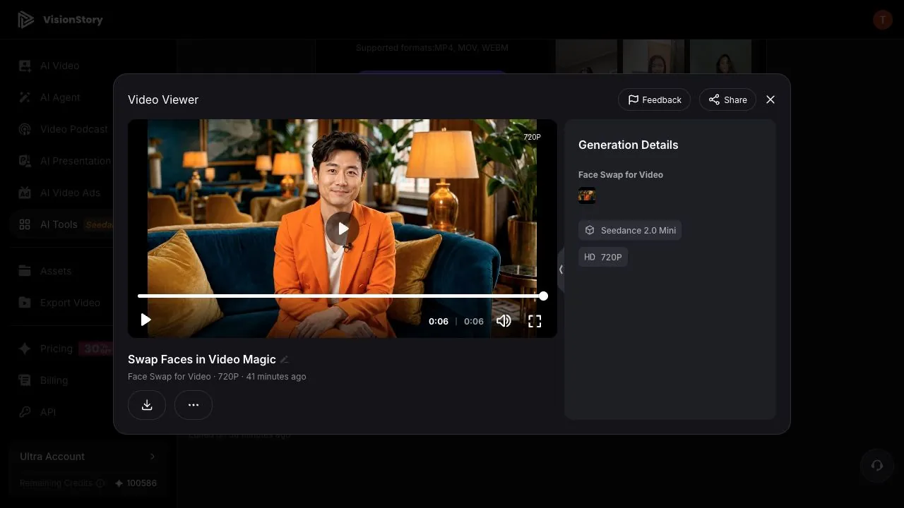 The VisionStory Video Viewer paused on a natural frame of a completed video face swap near the end of the clip