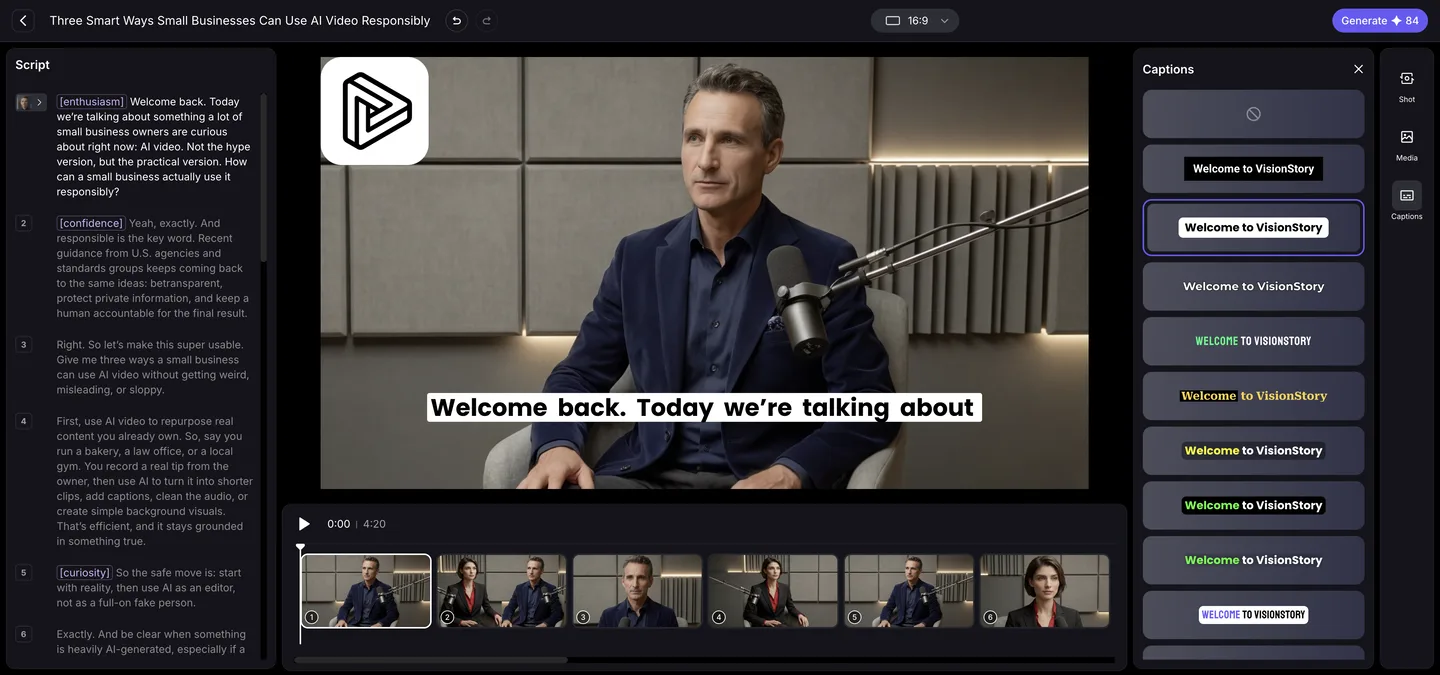 Video Podcast Captions panel with subtitle typography, color, and placement controls