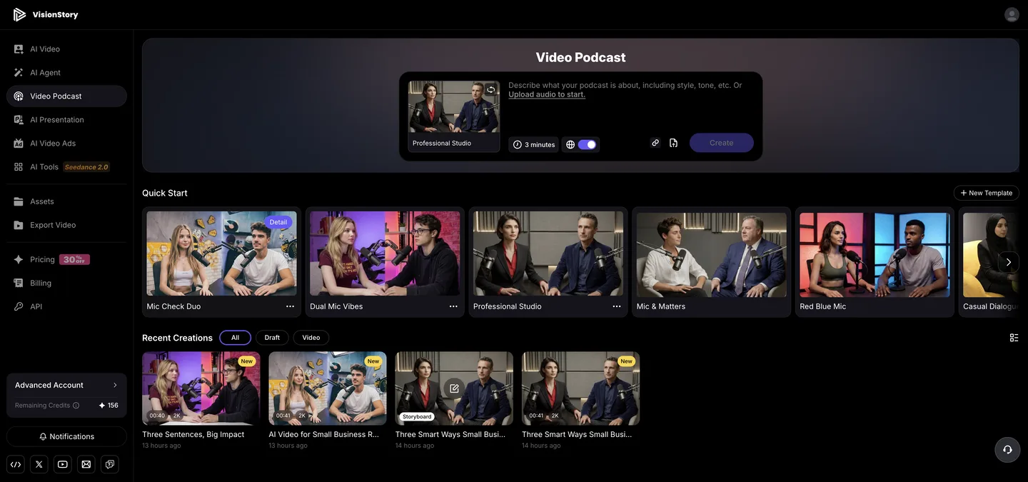 VisionStory Video Podcast page with Quick Start templates and the New Template control