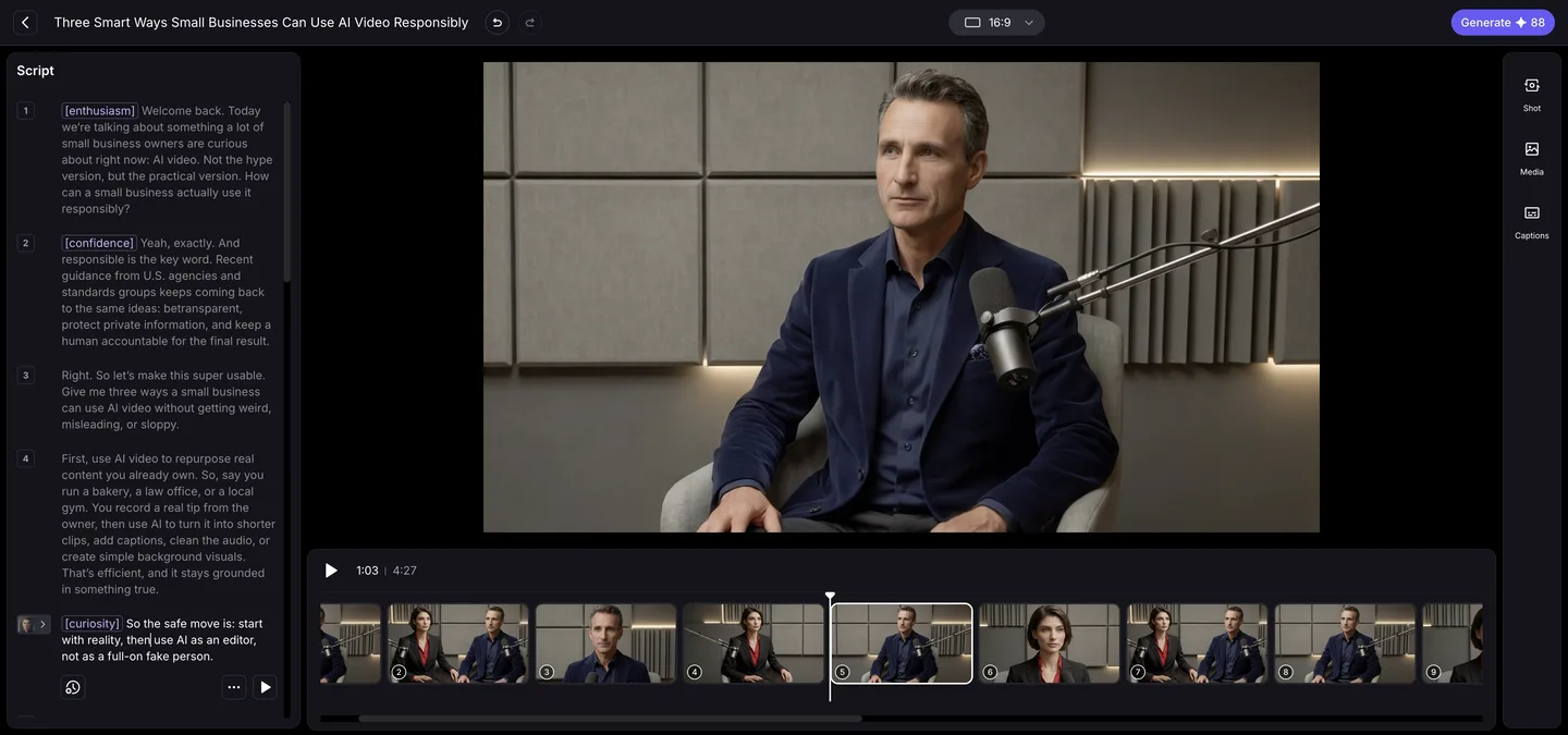 Video Podcast Studio with a selected script paragraph and its matching highlighted timeline shot