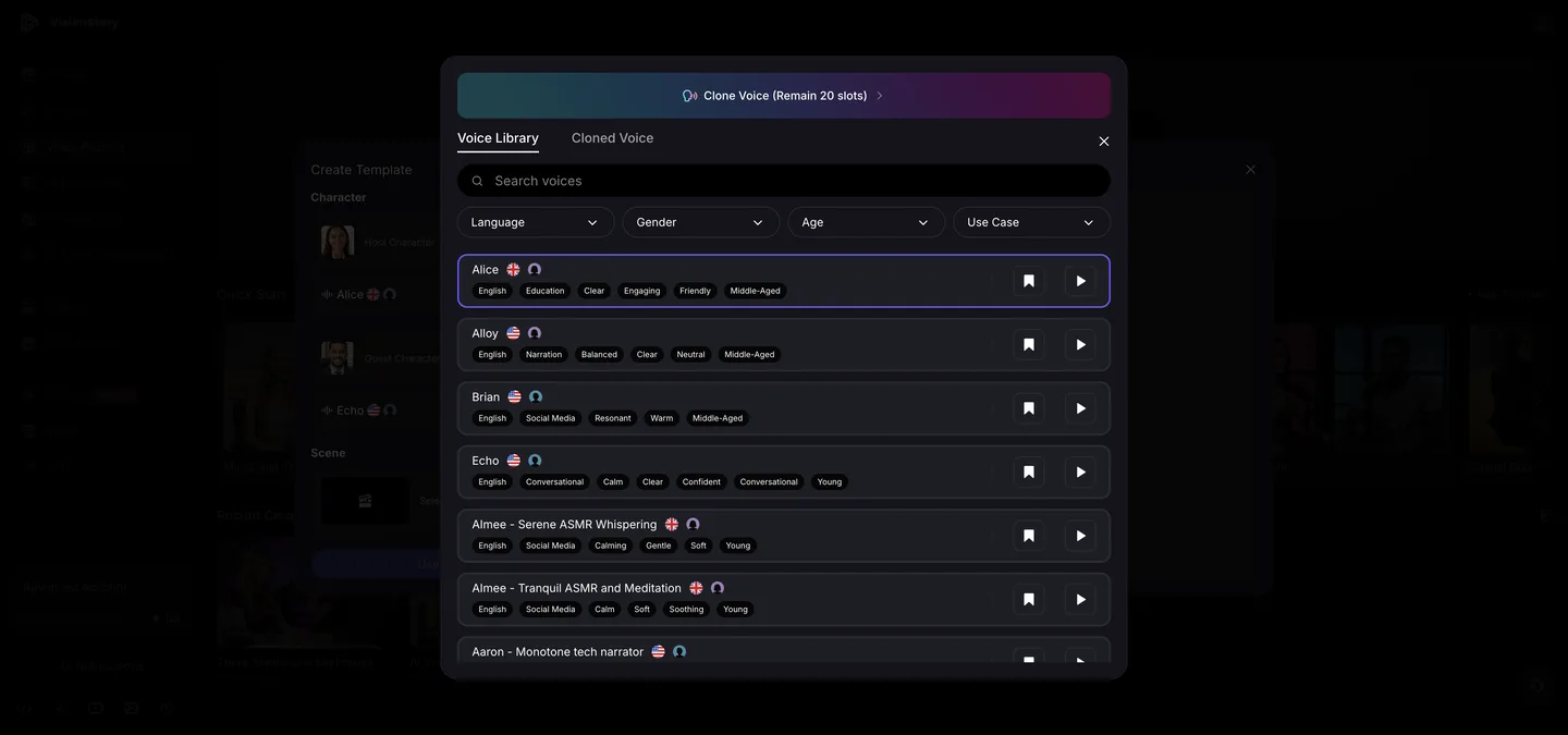 VisionStory voice library opened while configuring a Video Podcast template