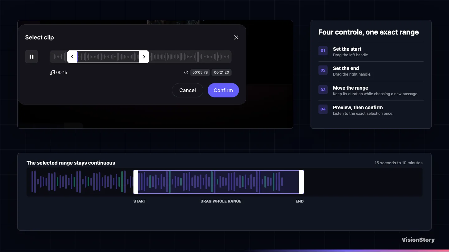 Viral Music clip selector showing the start handle, end handle, movable selected range, preview control, and Confirm button
