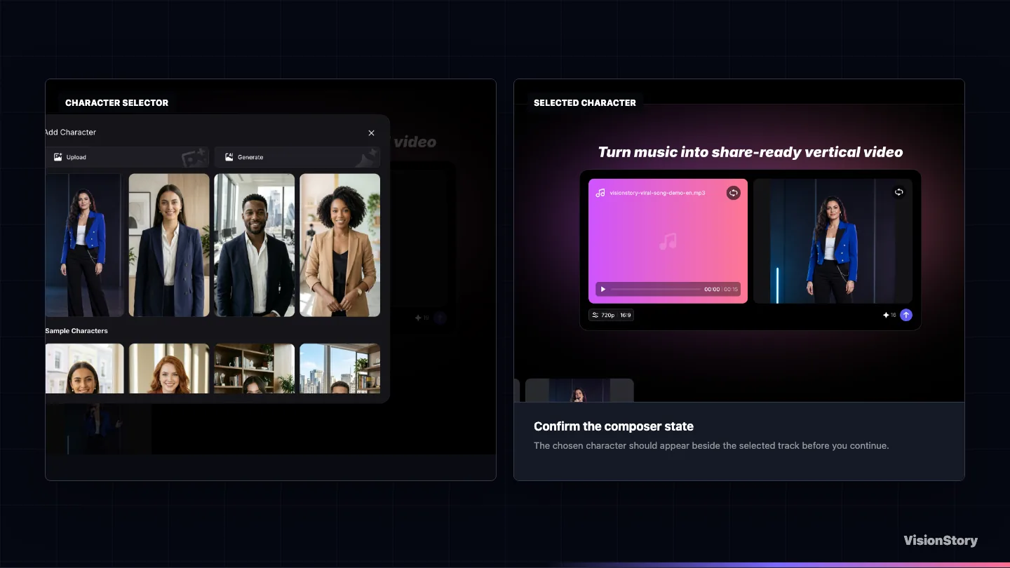 The Viral Music character selector with upload and existing-character choices, followed by the selected character in the project composer