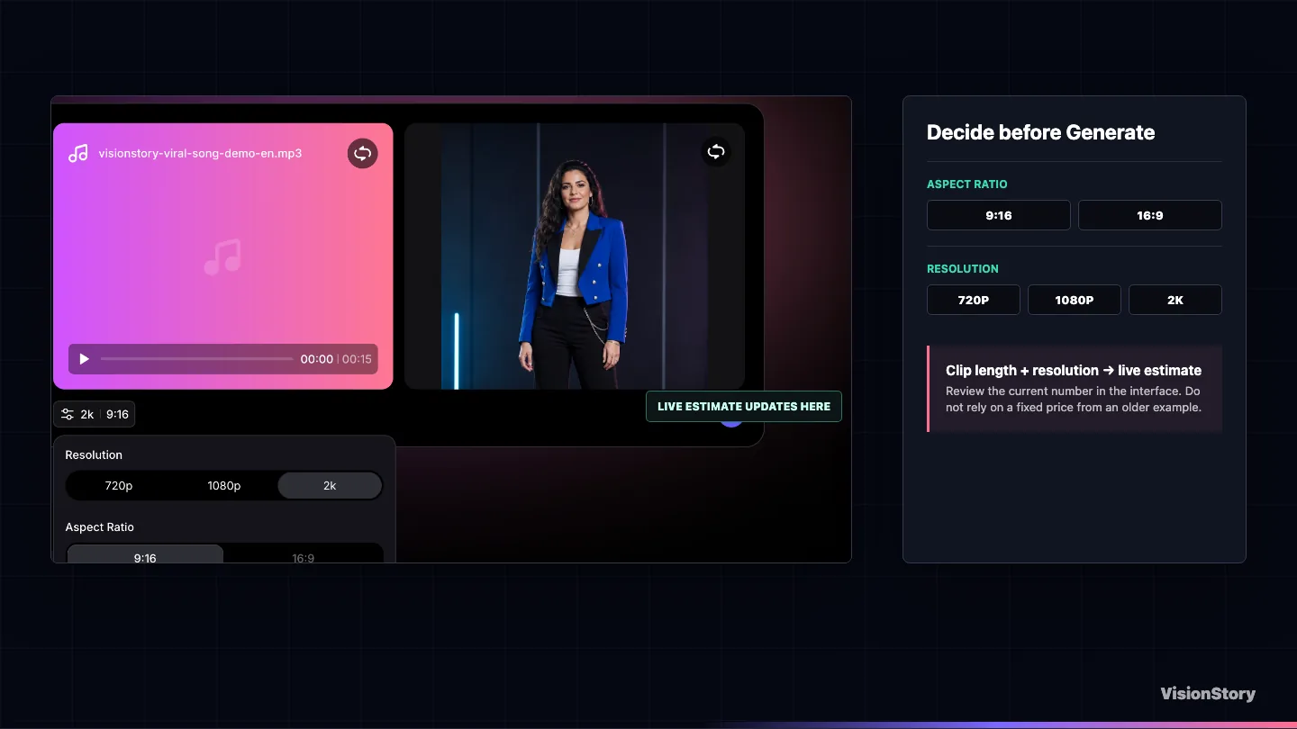 Viral Music output controls with 9:16 and 16:9 formats, 720P, 1080P, and 2K resolutions, and the live estimate location
