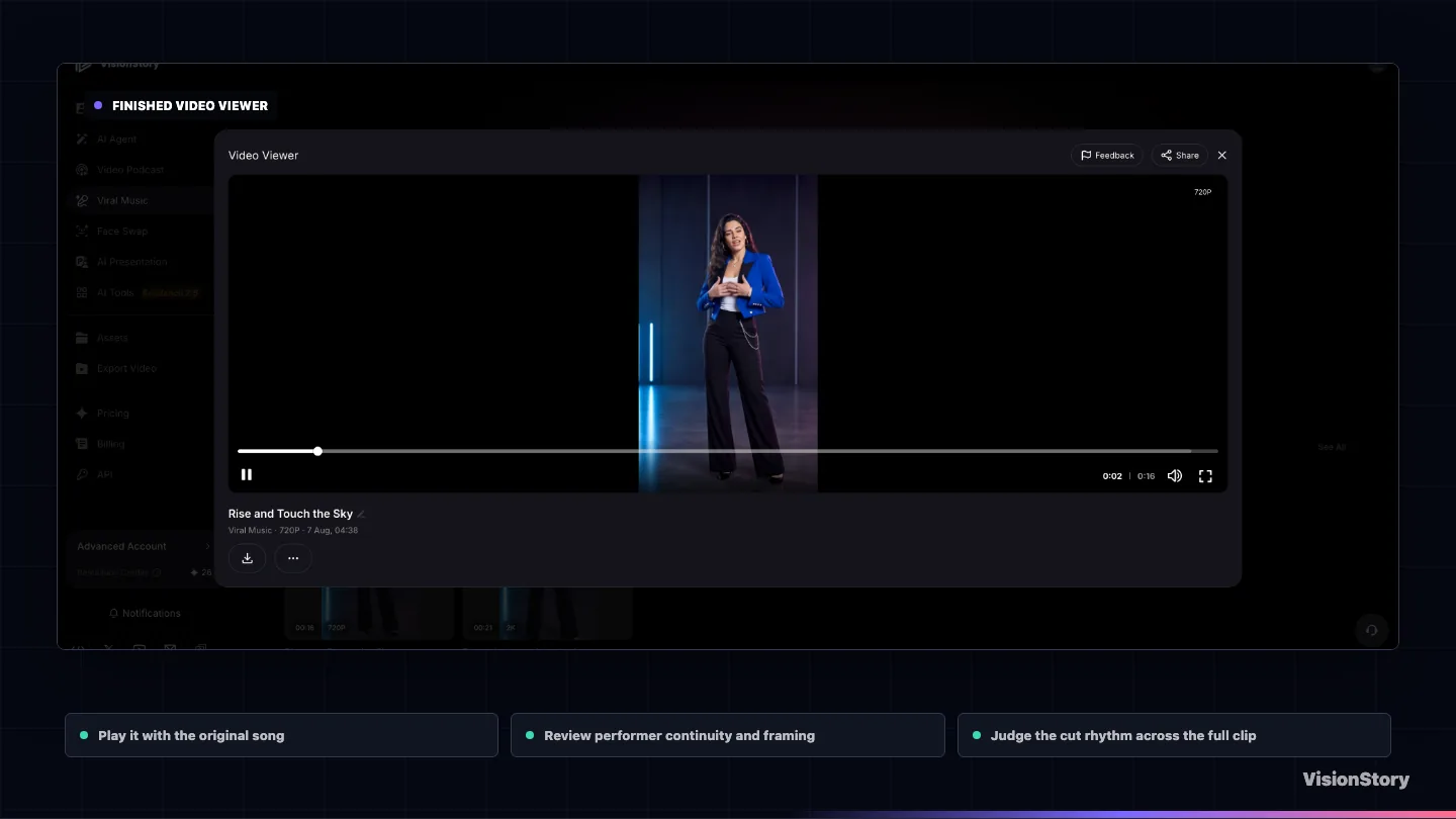 The VisionStory Video Viewer showing a completed Viral Music video with playback, sharing, and result controls
