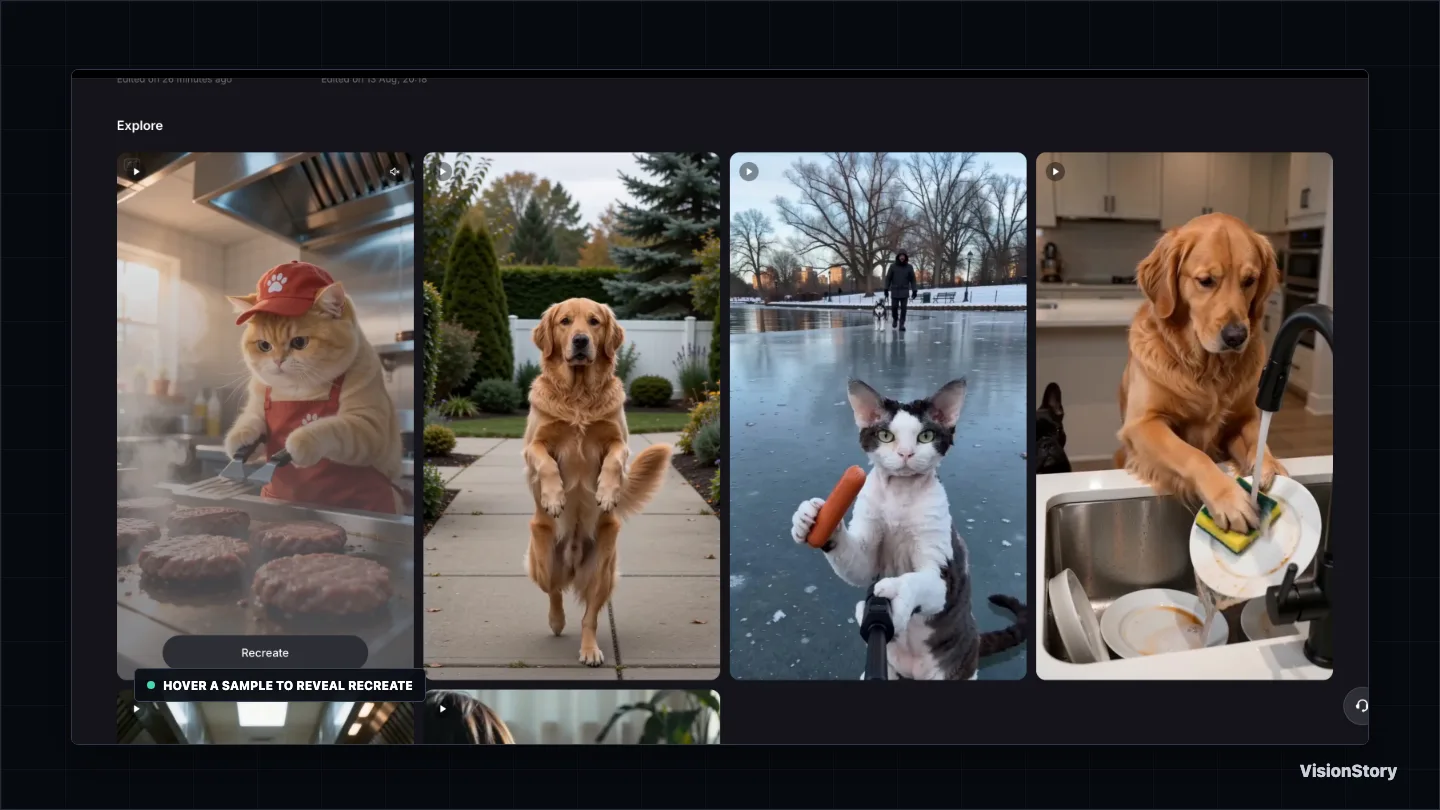 Current VisionStory Pet Video Explore gallery with Recreate visible on a hovered example
