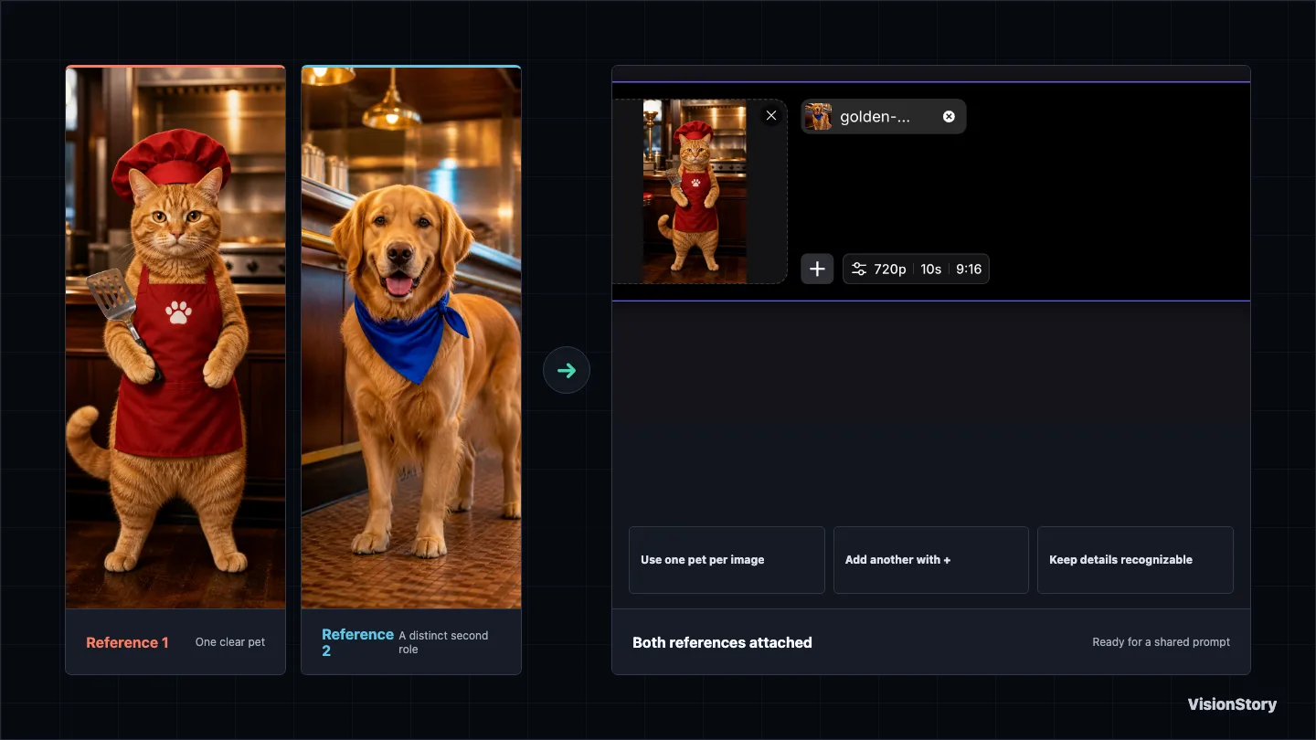 Two clear pet photos attached as separate references in the current VisionStory Pet Video composer