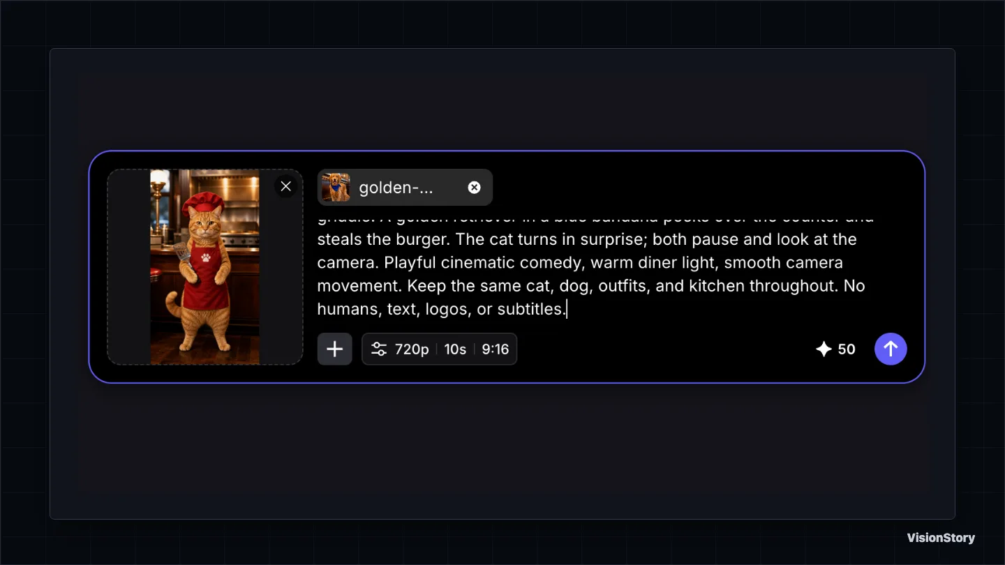 Current Pet Video prompt field showing two pet references and an ordered multi-pet story