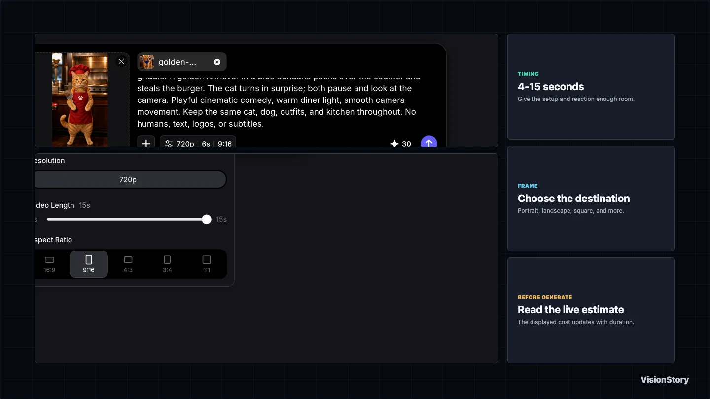 Current VisionStory Pet Video composer and output panel showing duration, aspect ratios, 720p, and live credit estimate