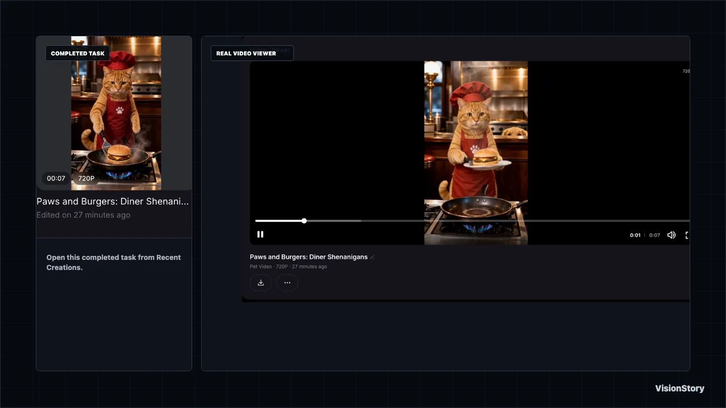 Completed Pet Video task beside the real VisionStory Video Viewer playing the cat and dog result