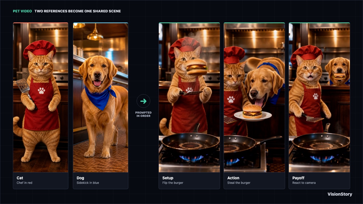 Two pet reference photos becoming a three-beat VisionStory Pet Video with a cat chef and dog sidekick