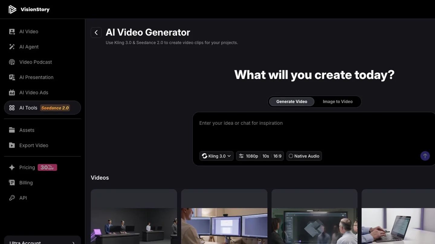 Generate Video mode selected in the VisionStory AI Video Generator for making an AI video from text