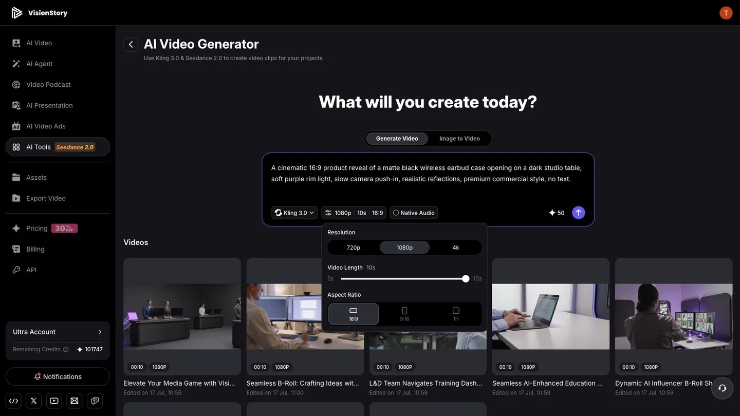 Resolution, duration, and aspect ratio settings in the VisionStory AI video generator