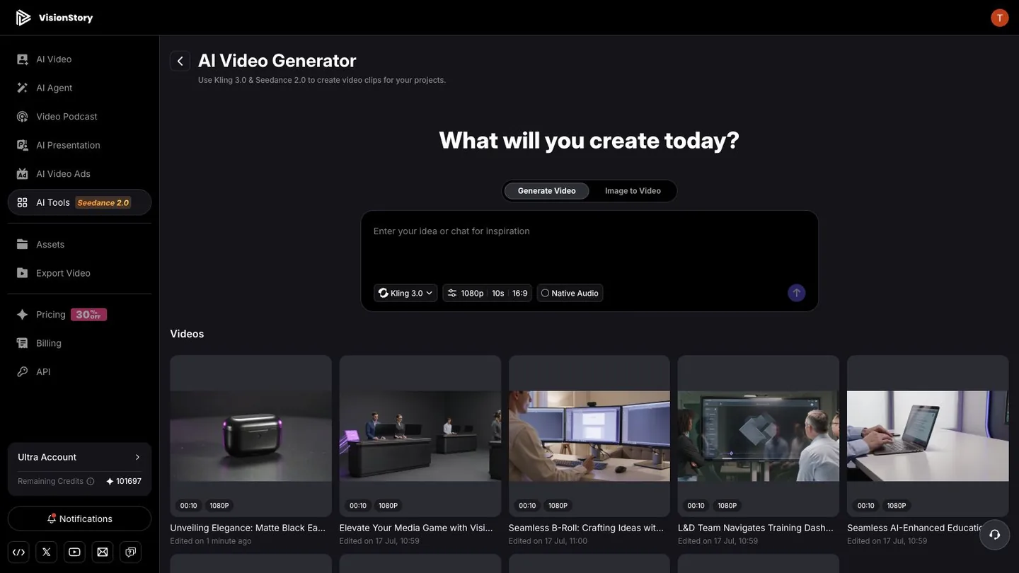 A finished text-to-video result showing at the top of the Videos list in VisionStory