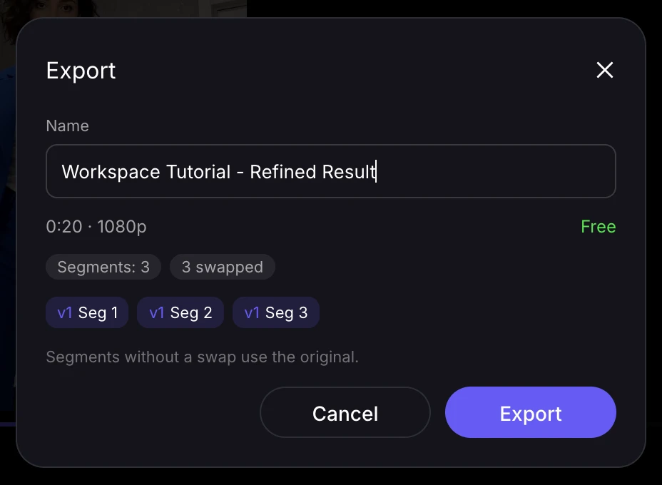 Dialog ekspor dengan nama video, tiga versi segmen yang diterapkan, label Gratis, dan tombol Ekspor