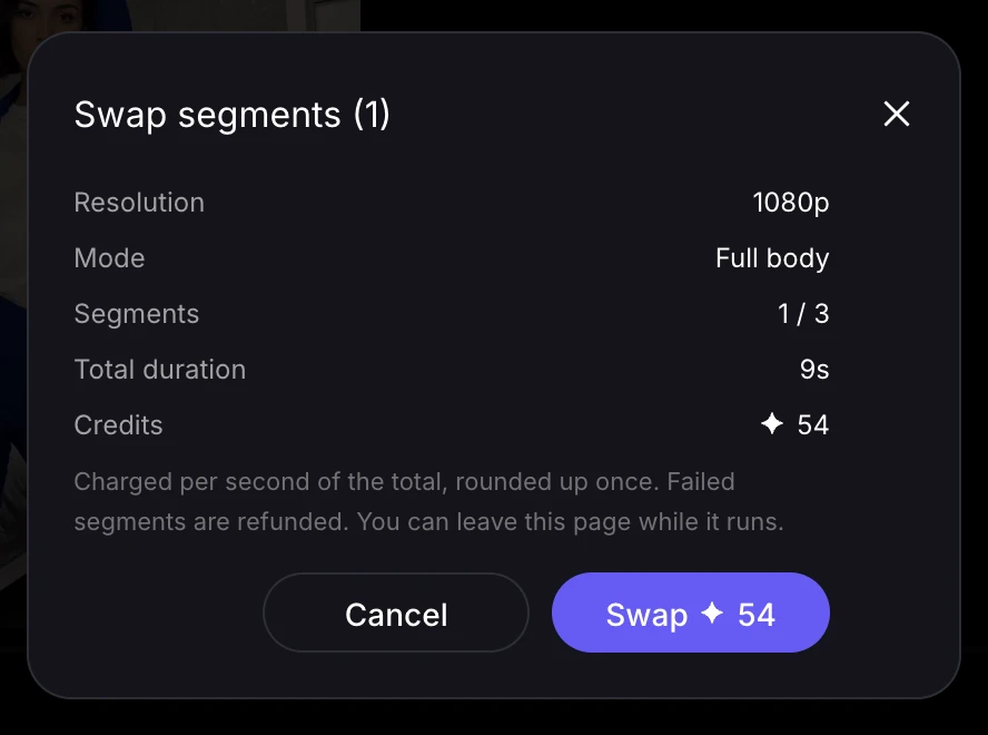 Konfirmasi untuk satu segmen terpilih pada 1080p, menampilkan durasi yang dibulatkan menjadi 9 detik dan perkiraan 54 kredit