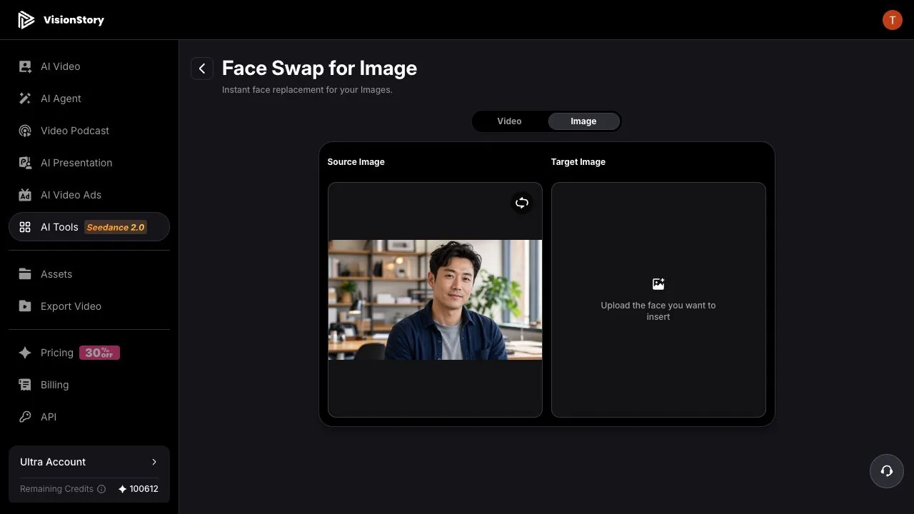 The office portrait loaded as Source Image in VisionStory photo face swap with the target slot still empty